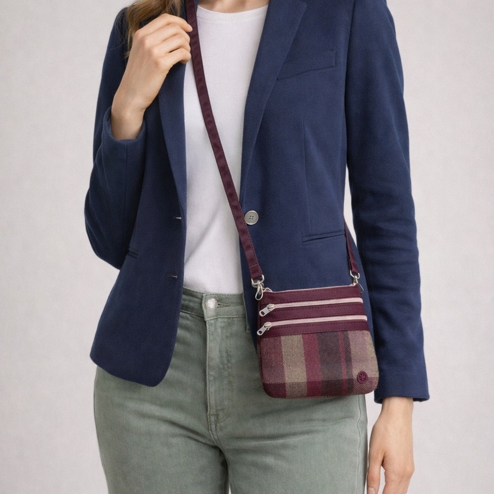 Earth Squared Mini Plaid Crossbody Bag Boho Festival Burgundy Tweed NWT